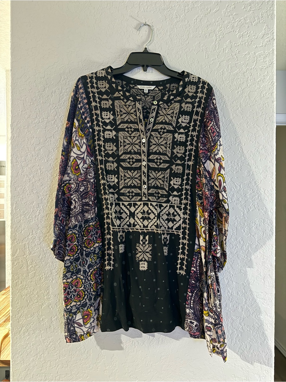 John Mark Black Tunic with Purple & Yellow Floral Sleeves